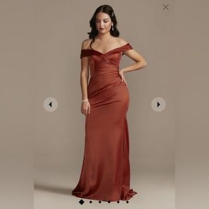 Off-Shoulder Cinnamon Satin Wedding Dress NWT